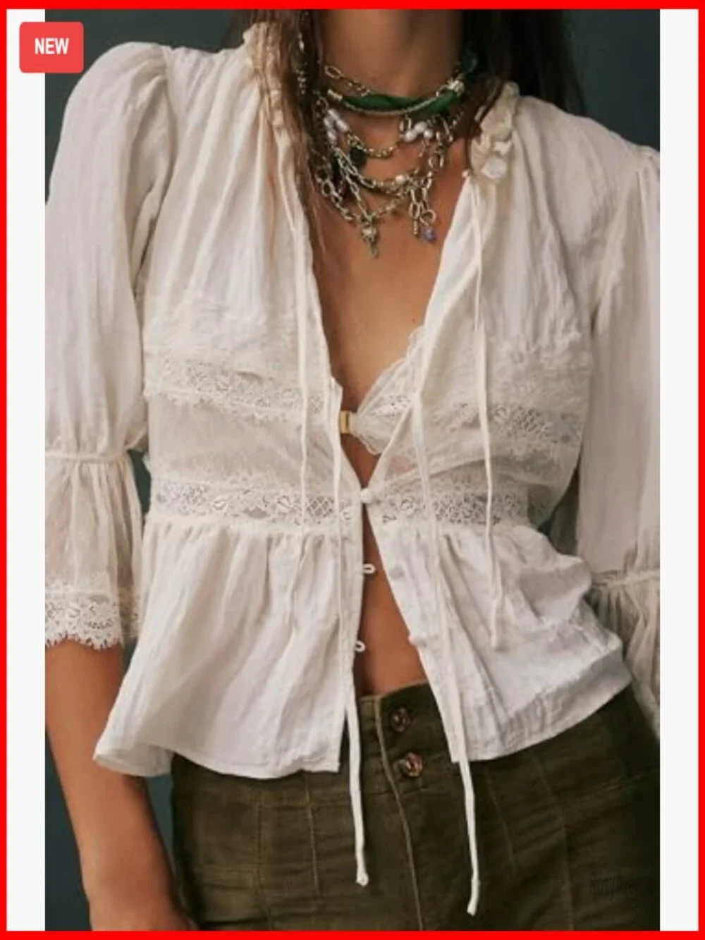 Peplum Blouse Lace Patchwork Tie Front Babydoll Top Cute Going Out Top - Picture 2 of 7